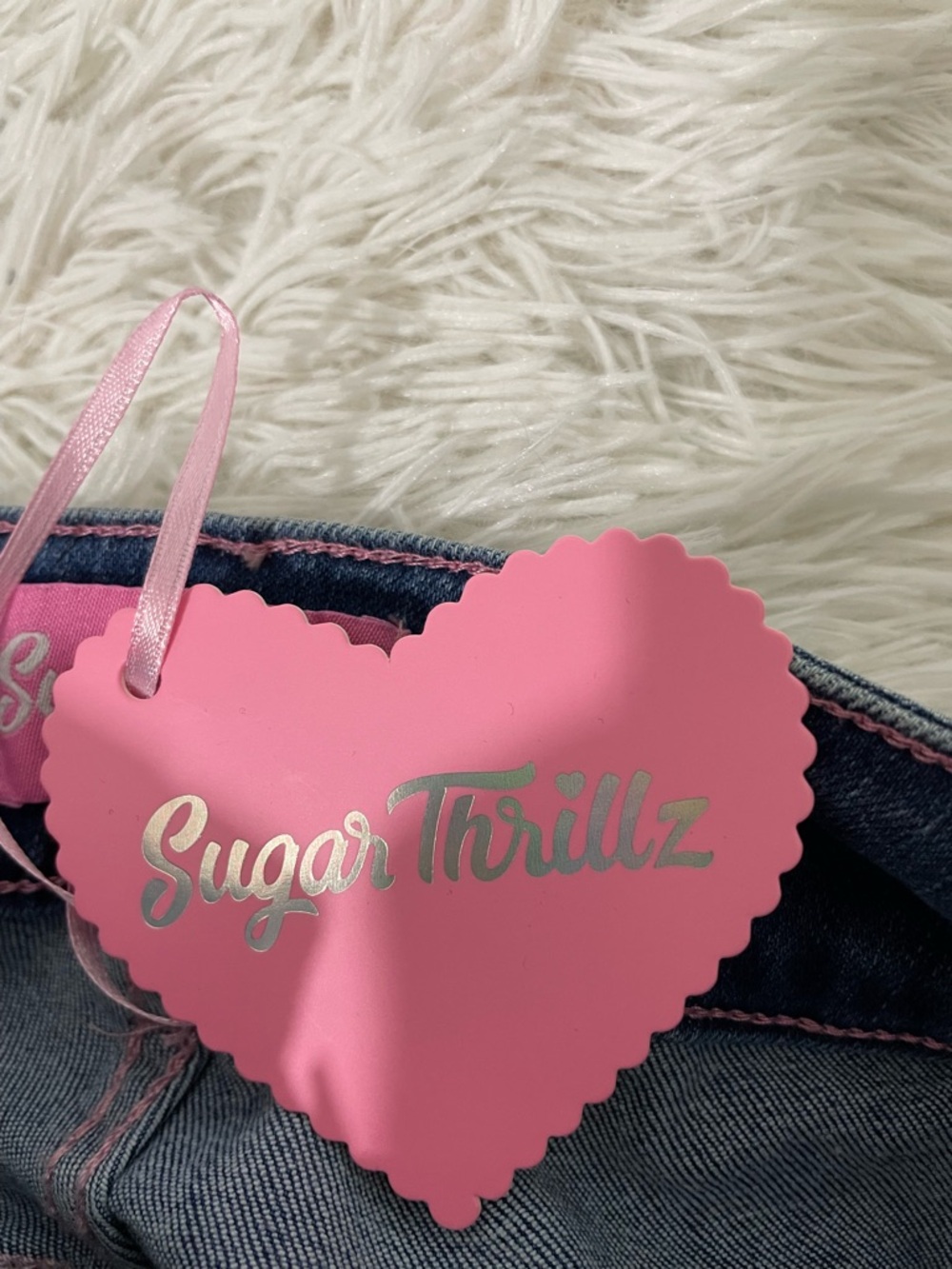 SUGAR THRILLZ Amazed Babe Corset Tie Low Rise Flare Jeans Blue Pink Size XXS - Picture 7 of 9
